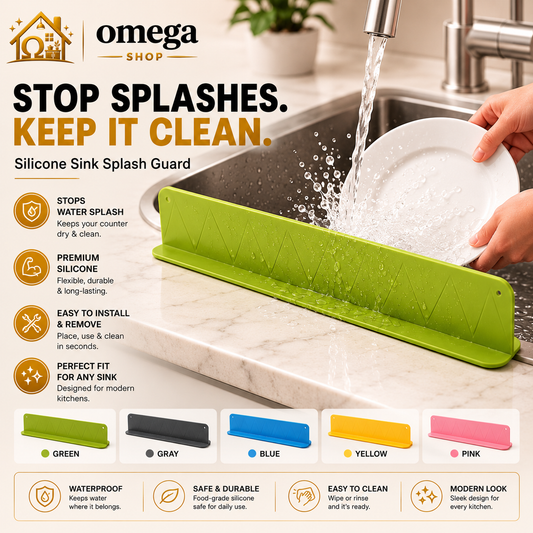 Omega Shop splash guard set in multiple colors (red, green, orange, blue, purple) on a light beige background, featuring product text, color options, and four feature callout images.
