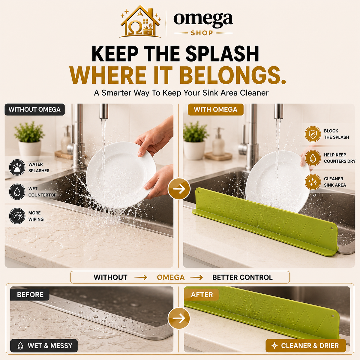 Omega Silicone Sink Splash Guard Water Stopper – Waterproof Kitchen Sink Splash Barrier