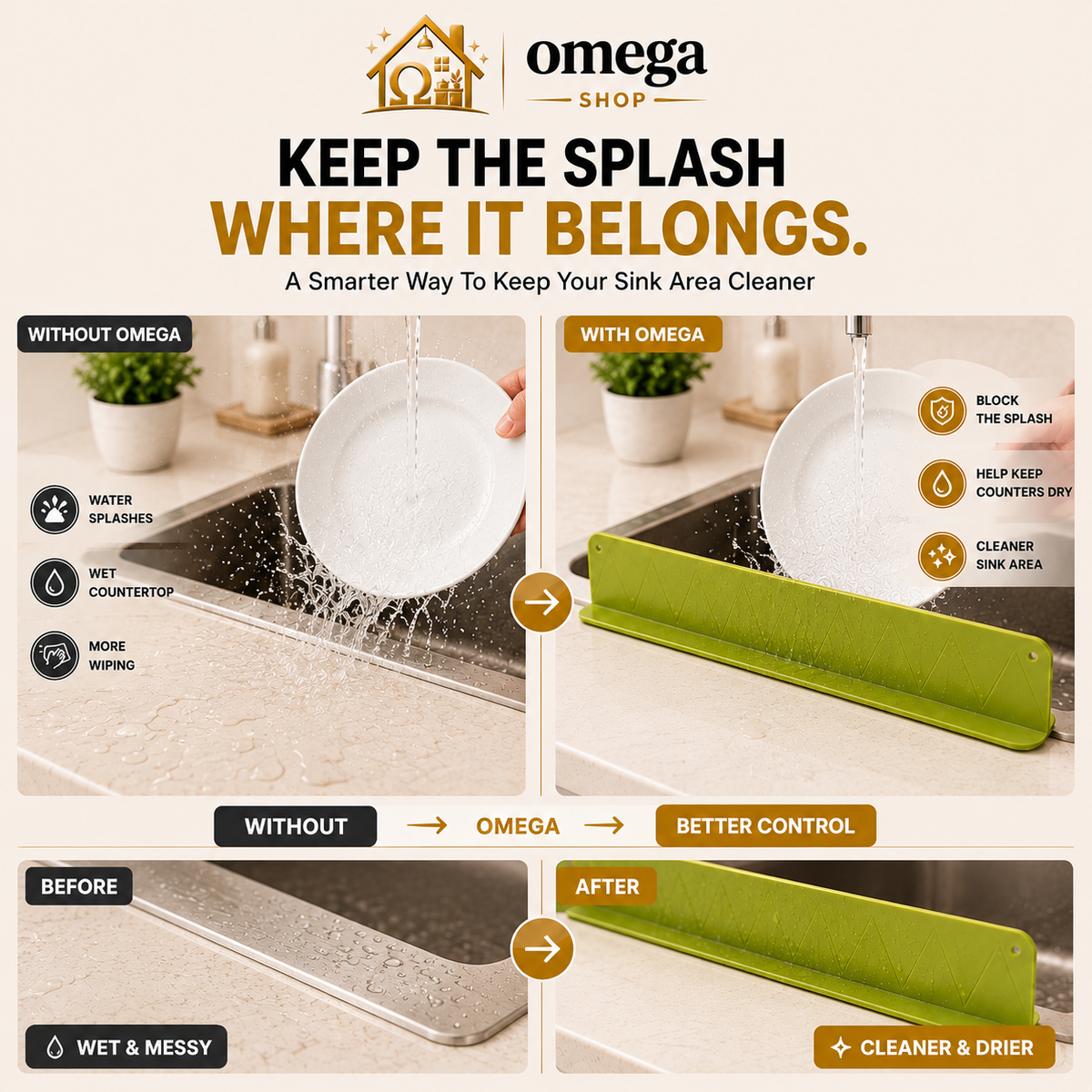 Omega Silicone Sink Splash Guard Water Stopper – Waterproof Kitchen Sink Splash Barrier