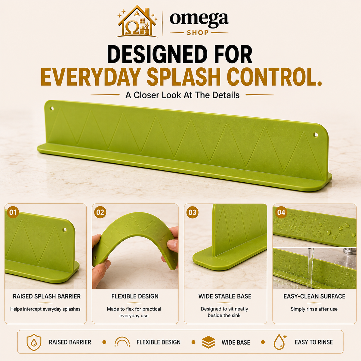 Omega Silicone Sink Splash Guard Water Stopper – Waterproof Kitchen Sink Splash Barrier
