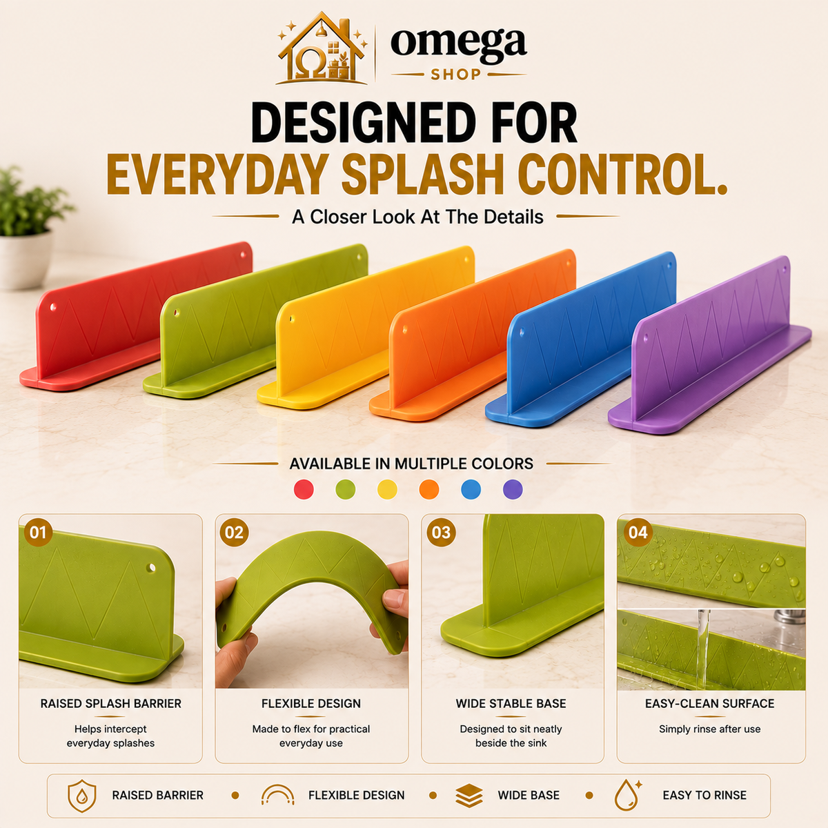 Omega Silicone Sink Splash Guard Water Stopper – Waterproof Kitchen Sink Splash Barrier