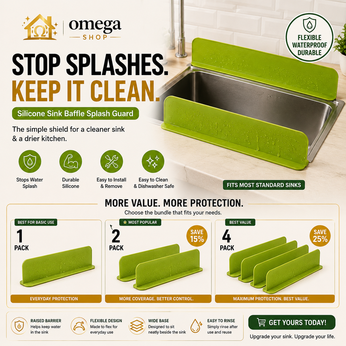 Omega Silicone Sink Splash Guard Water Stopper – Waterproof Kitchen Sink Splash Barrier