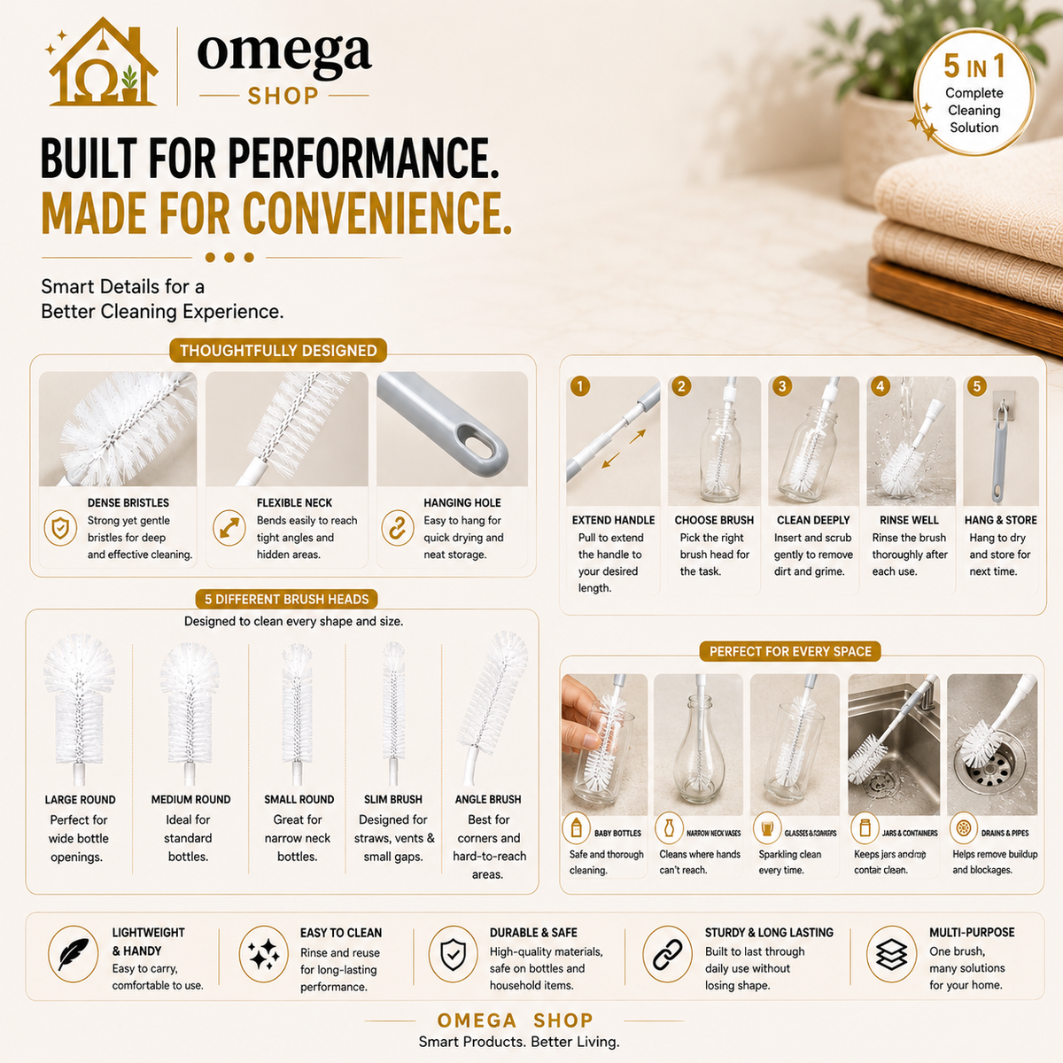 Omega Extendable Bottle Cleaning Brush – Long Handle Brush for Water Bottles, Baby Bottles & Thermos