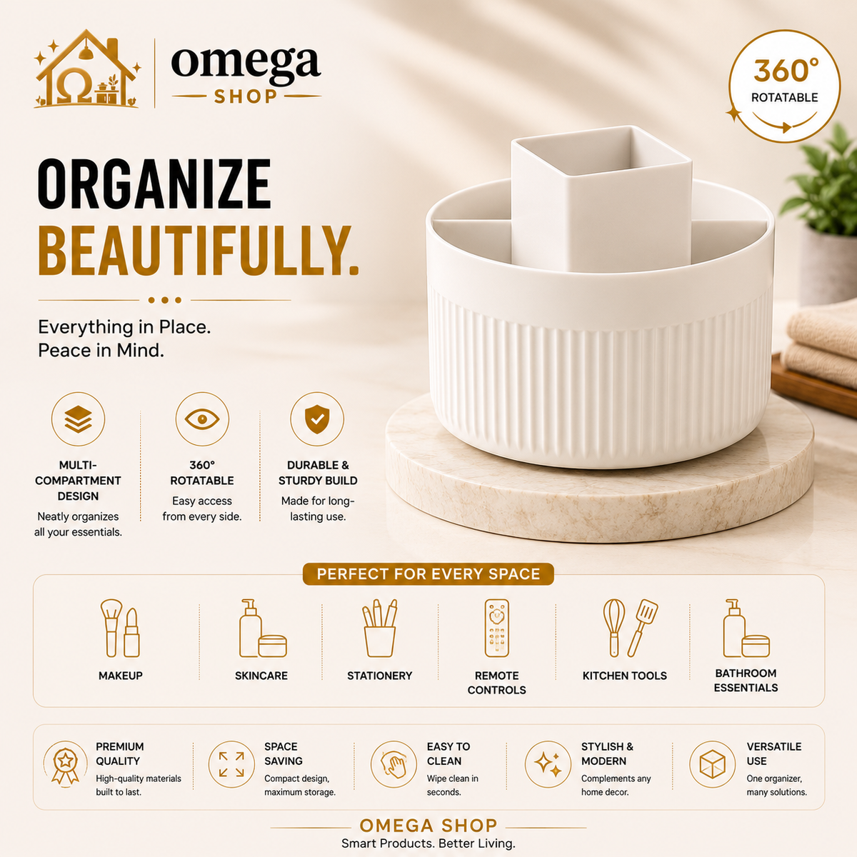 360° Rotating Cosmetic Organizer – Multi-Compartment Makeup & Skincare Storage | Omega Shop