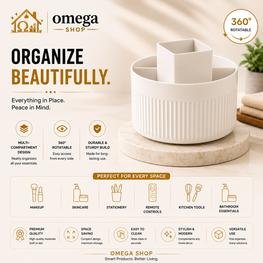 360° Rotating Cosmetic Organizer – Multi-Compartment Makeup & Skincare Storage | Omega Shop