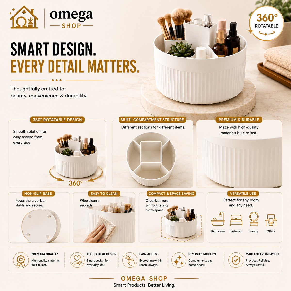 360° Rotating Cosmetic Organizer – Multi-Compartment Makeup & Skincare Storage | Omega Shop