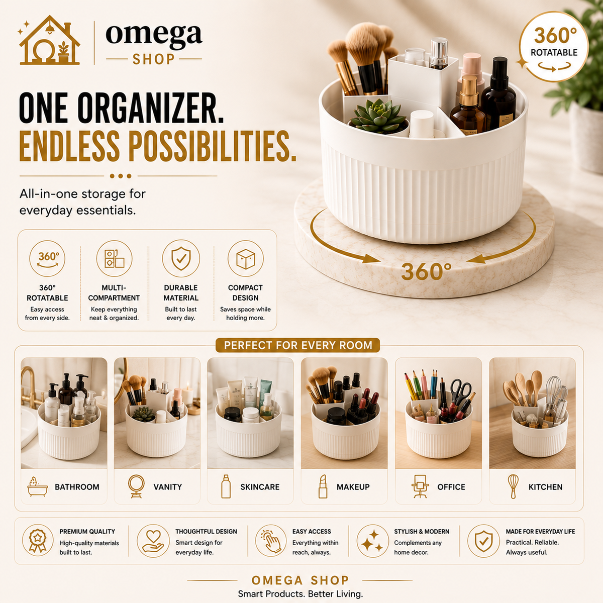 360° Rotating Cosmetic Organizer – Multi-Compartment Makeup & Skincare Storage | Omega Shop