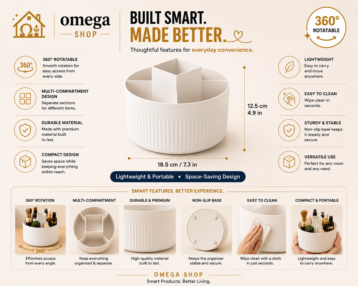 360° Rotating Cosmetic Organizer – Multi-Compartment Makeup & Skincare Storage | Omega Shop