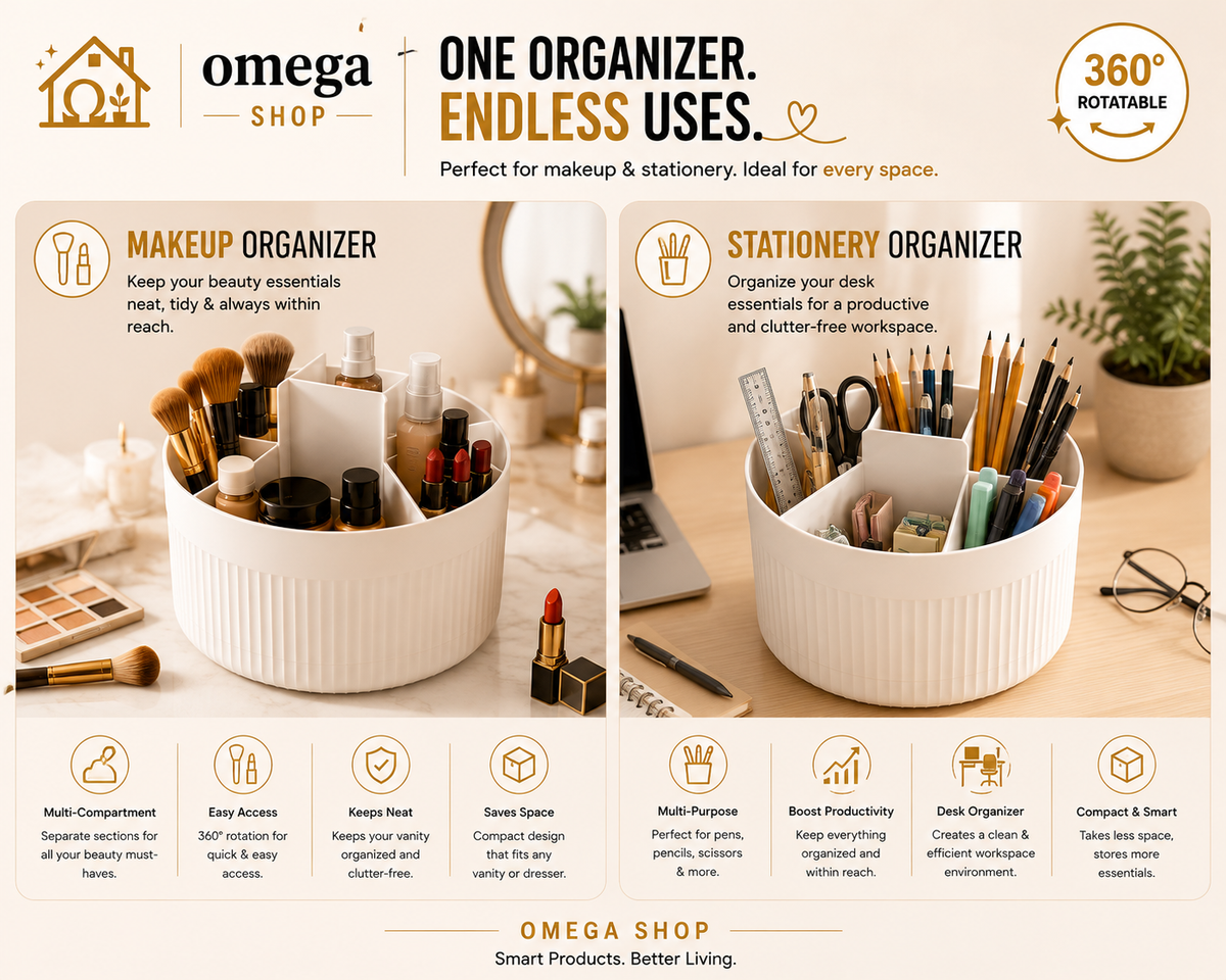 360° Rotating Cosmetic Organizer – Multi-Compartment Makeup & Skincare Storage | Omega Shop