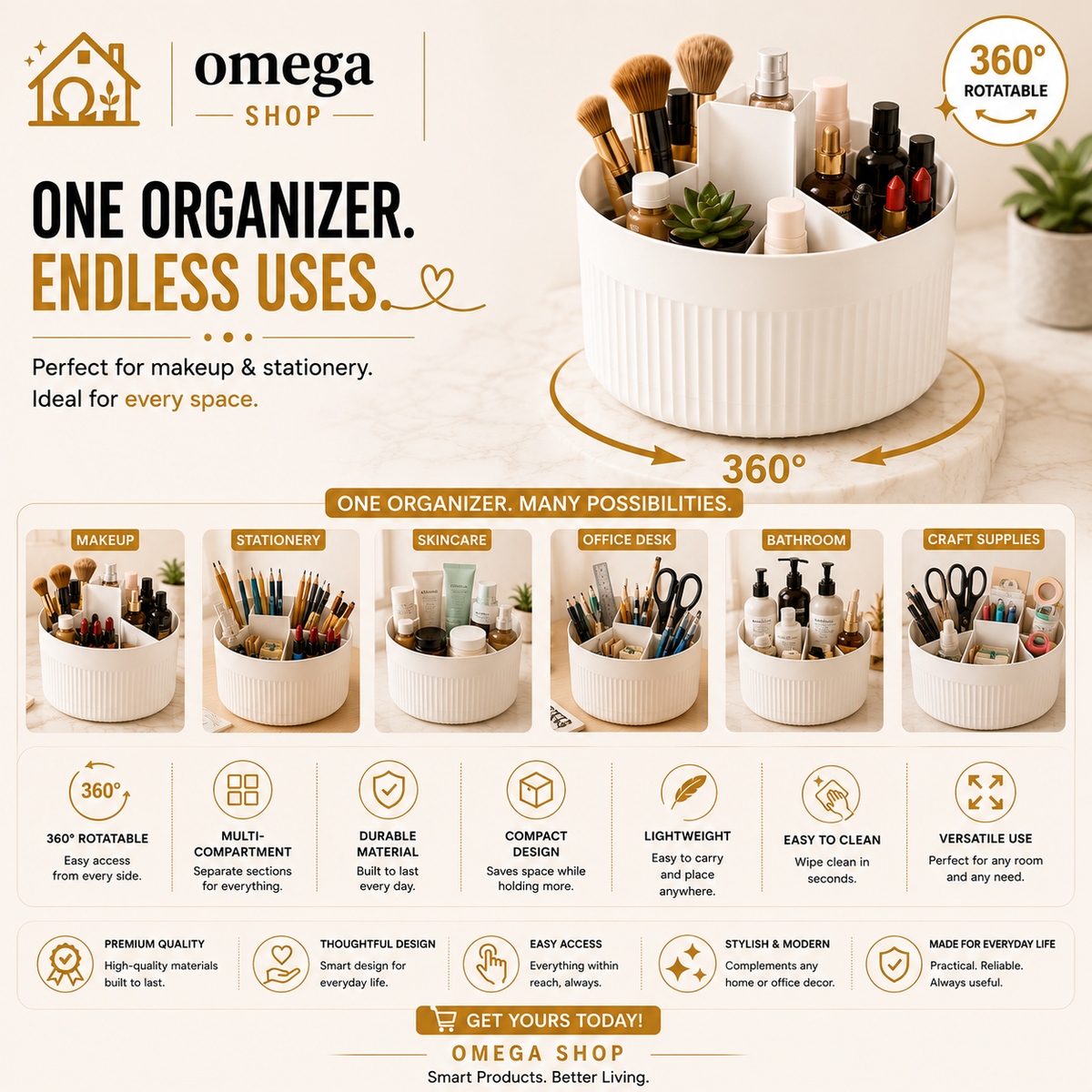 360° Rotating Cosmetic Organizer – Multi-Compartment Makeup & Skincare Storage | Omega Shop
