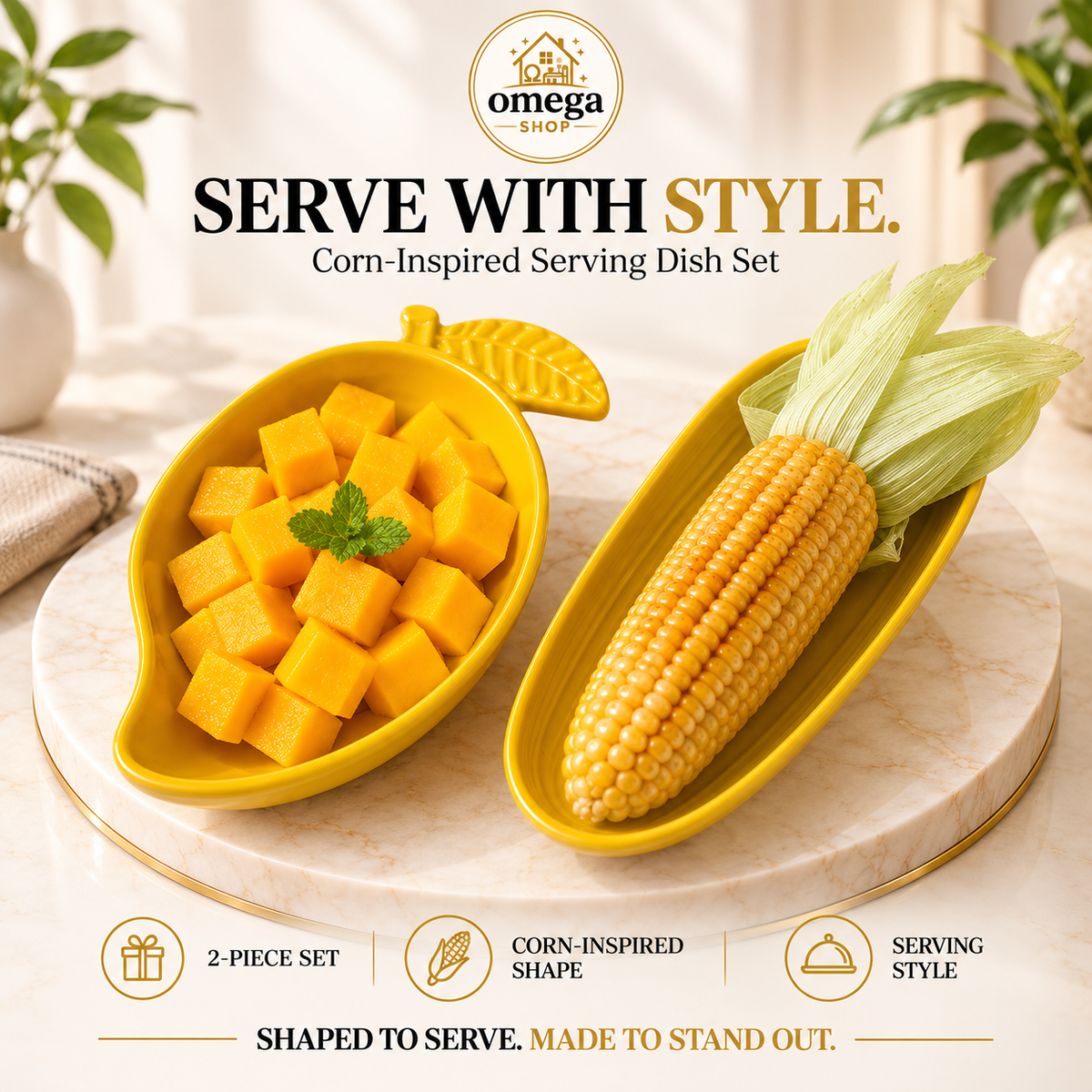 Omega Mango Serving Bowl & Corn Platter Set – Premium Melamine Serving Dish Bundle (2-Piece)