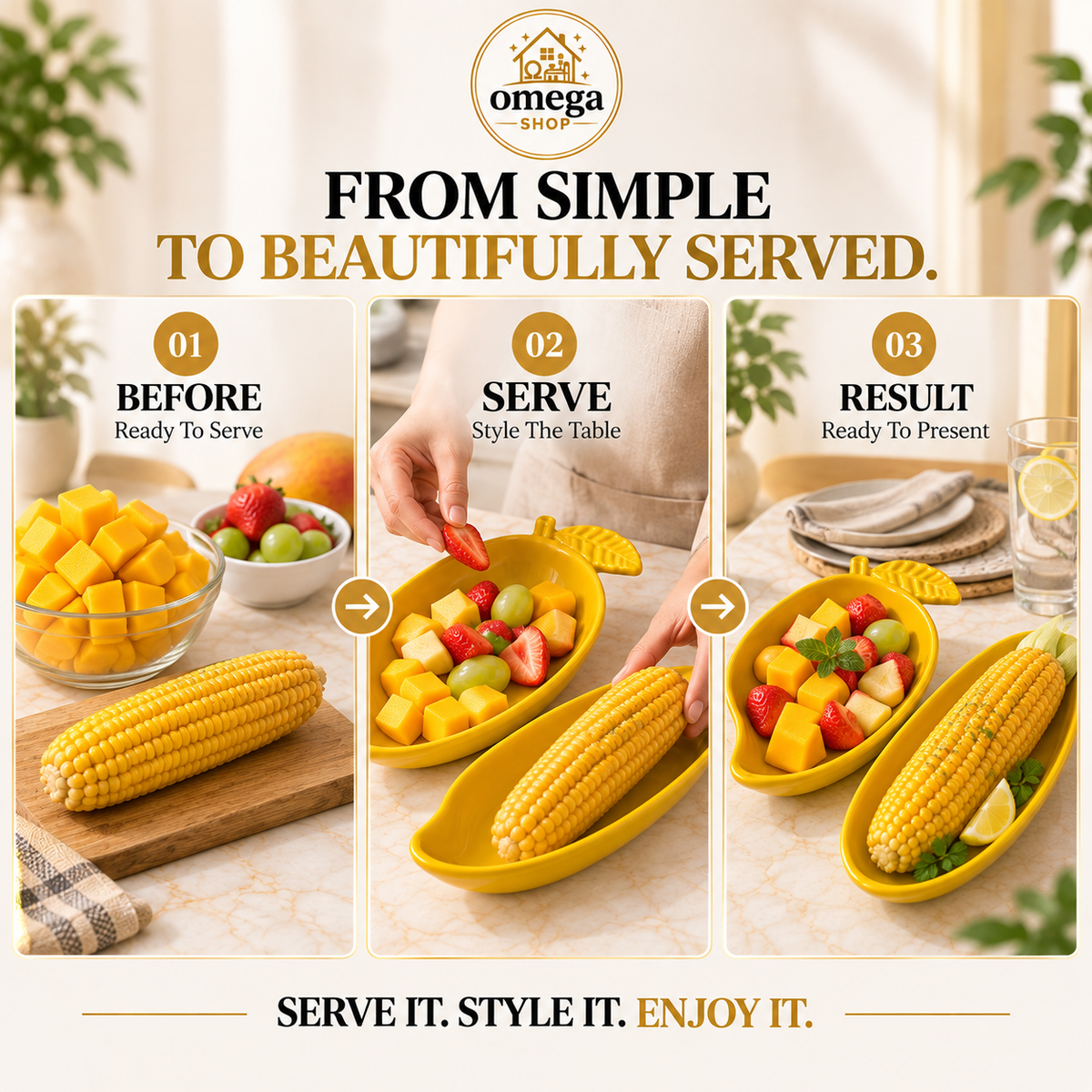 Omega Mango Serving Bowl & Corn Platter Set – Premium Melamine Serving Dish Bundle (2-Piece)