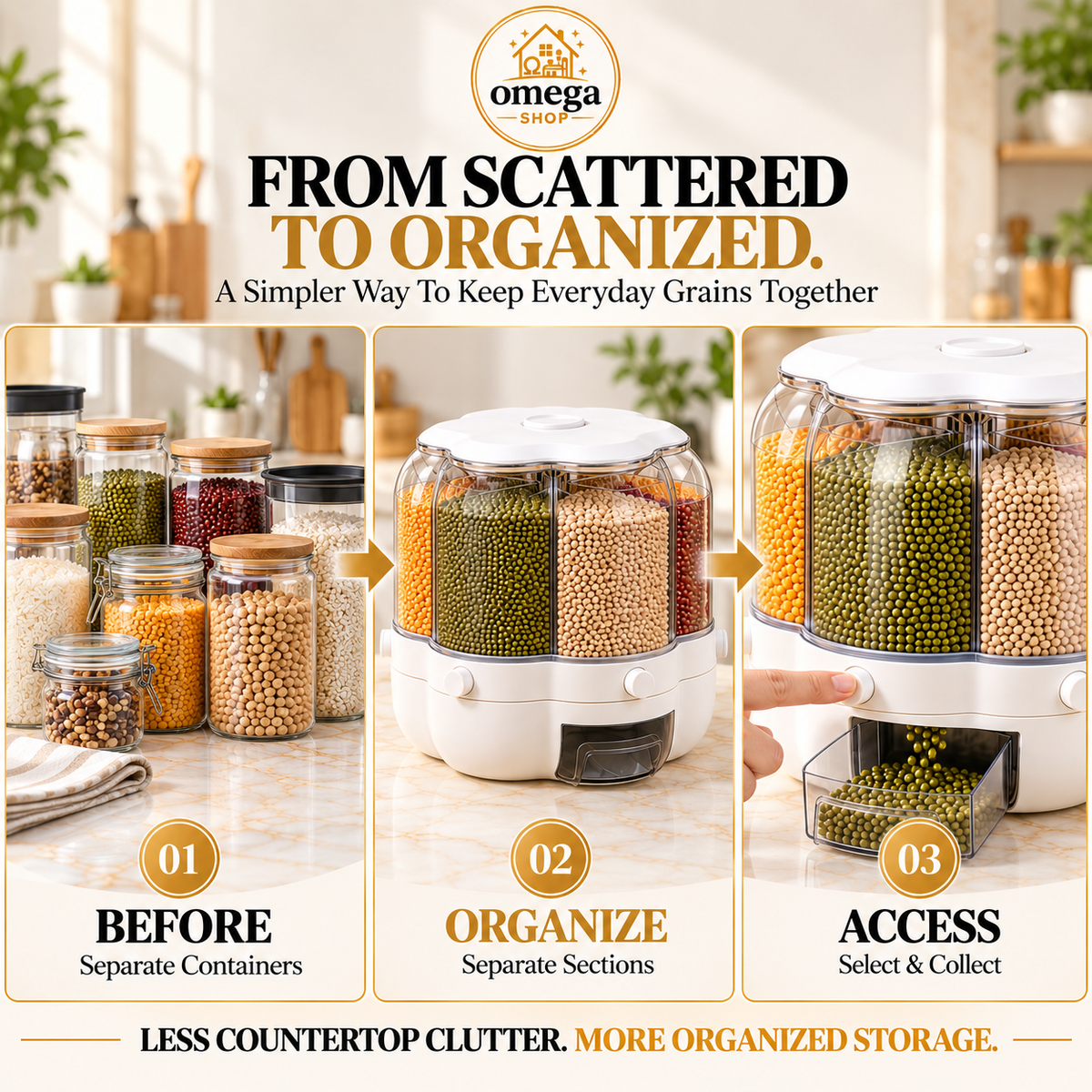 6 Grid Rotating Grain Storage Dispenser | Airtight Kitchen Food Container (Large & Small) | Omega Shop Pakistan