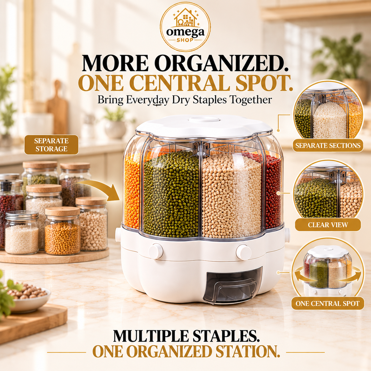 6 Grid Rotating Grain Storage Dispenser | Airtight Kitchen Food Container (Large & Small) | Omega Shop Pakistan