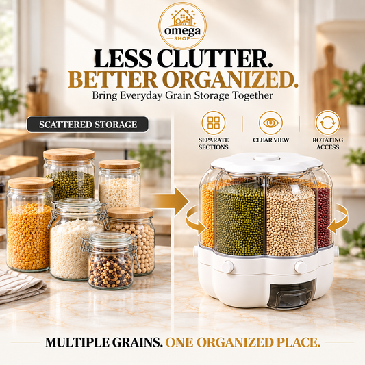 6 Grid Rotating Grain Storage Dispenser | Airtight Kitchen Food Container (Large & Small) | Omega Shop Pakistan