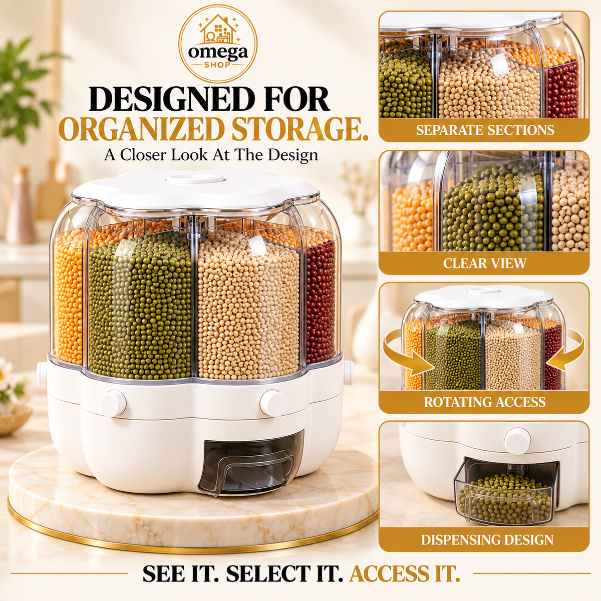 6 Grid Rotating Grain Storage Dispenser | Airtight Kitchen Food Container (Large & Small) | Omega Shop Pakistan