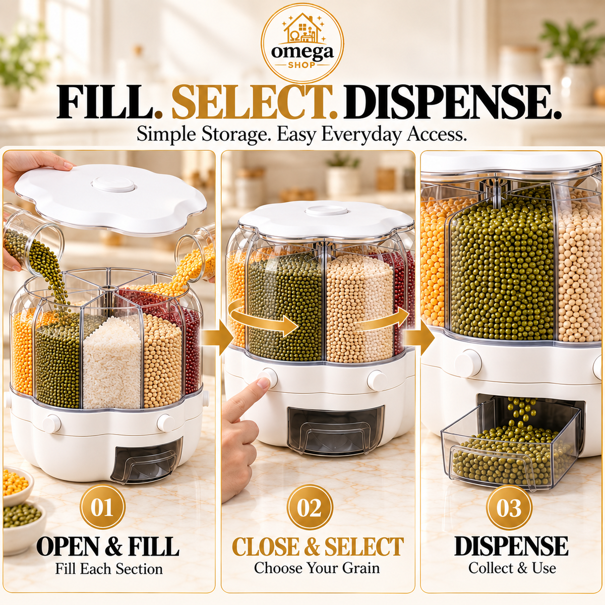6 Grid Rotating Grain Storage Dispenser | Airtight Kitchen Food Container (Large & Small) | Omega Shop Pakistan