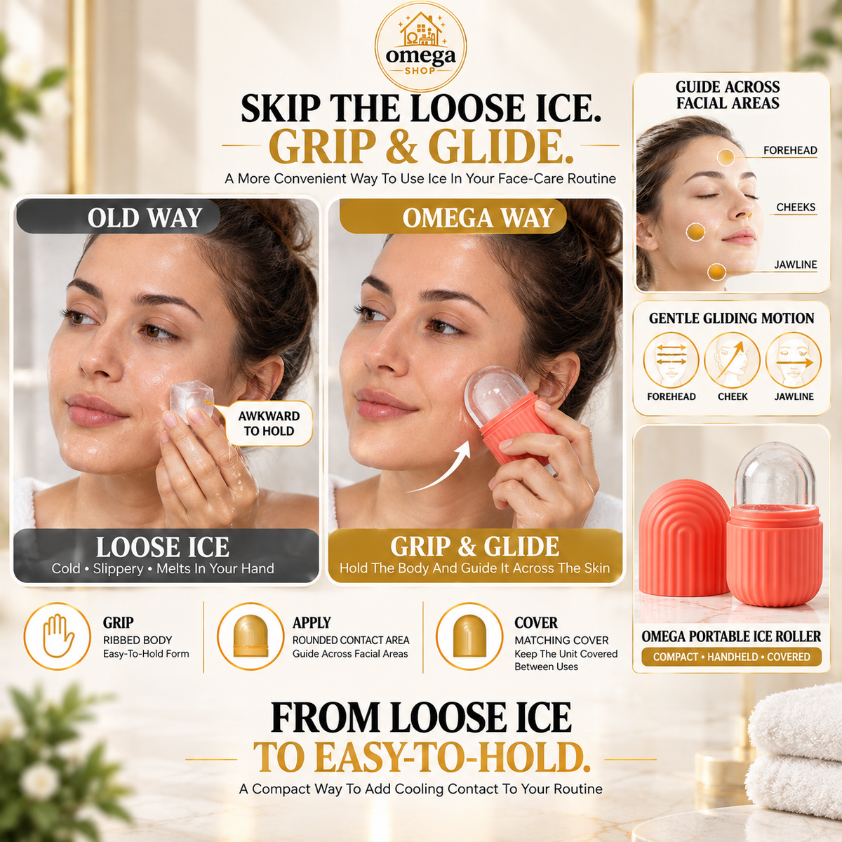 Omega Ice Roller for Face – Reusable Silicone Facial Ice Mold for Skin Cooling, Puffiness & Glow