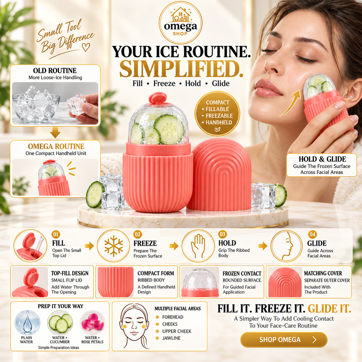 Omega Ice Roller for Face – Reusable Silicone Facial Ice Mold for Skin Cooling, Puffiness & Glow