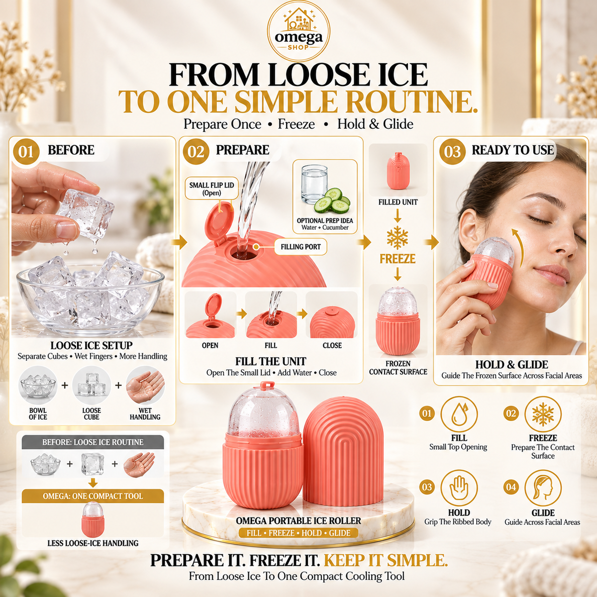 Omega Ice Roller for Face – Reusable Silicone Facial Ice Mold for Skin Cooling, Puffiness & Glow