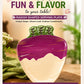 Radish-shaped serving plate with promotional text on a blurred natural background