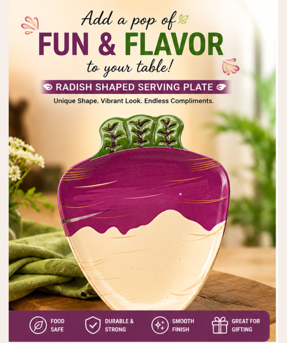 Radish-shaped serving plate with promotional text on a blurred natural background