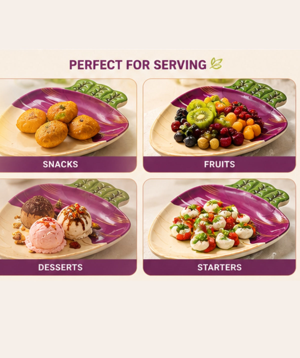 Four scenarios showing a purple plate with different food items on a white background.