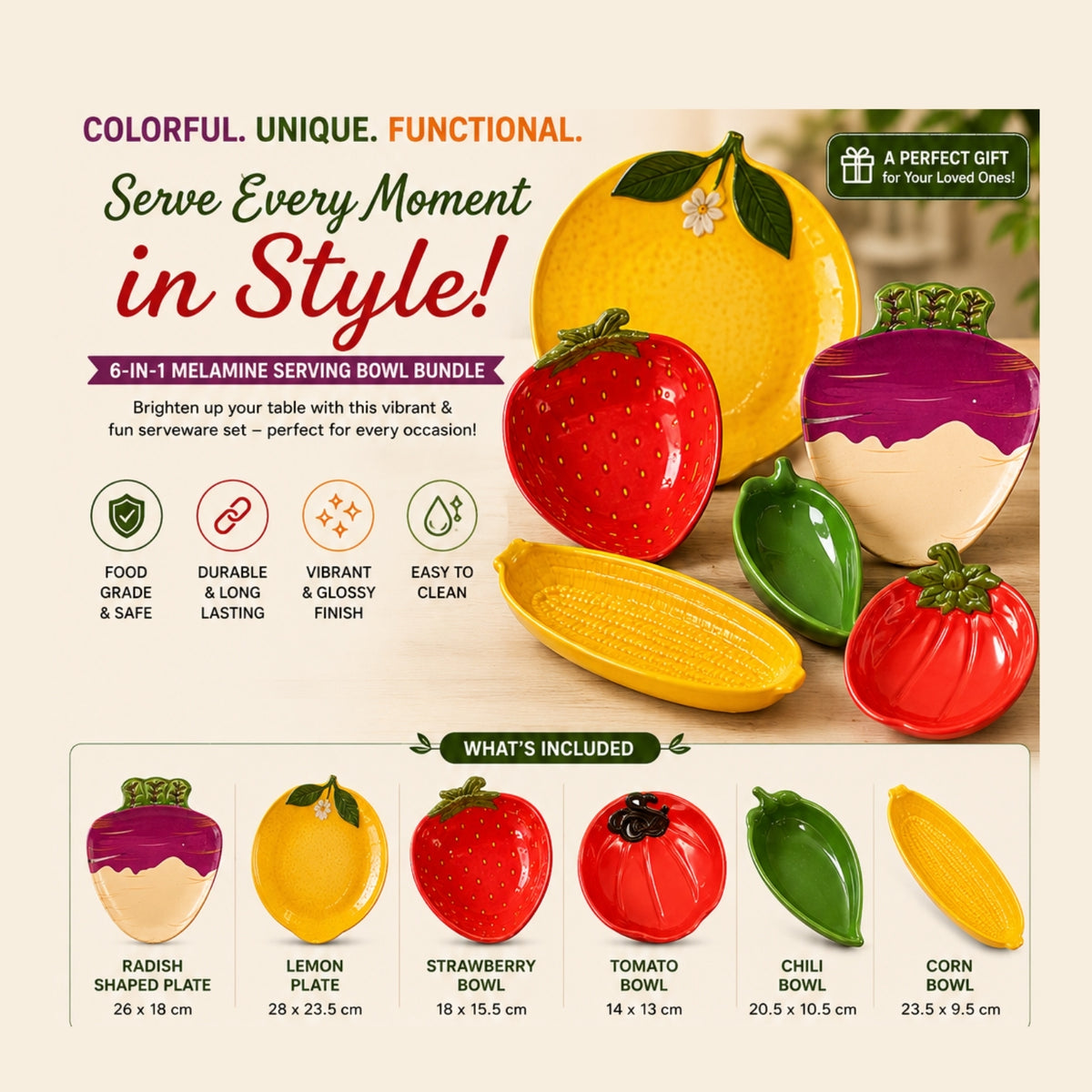 Promotional graphic for a 6-in-1 melamine serving bowl bundle, showing colorful toy-like bowls shaped like a lemon, strawberry, tomato, chili pepper, and corn, plus a radish-shaped plate. Text highlights the bundle's vibrant, glossy finish and included pieces, with dimensions listed below.