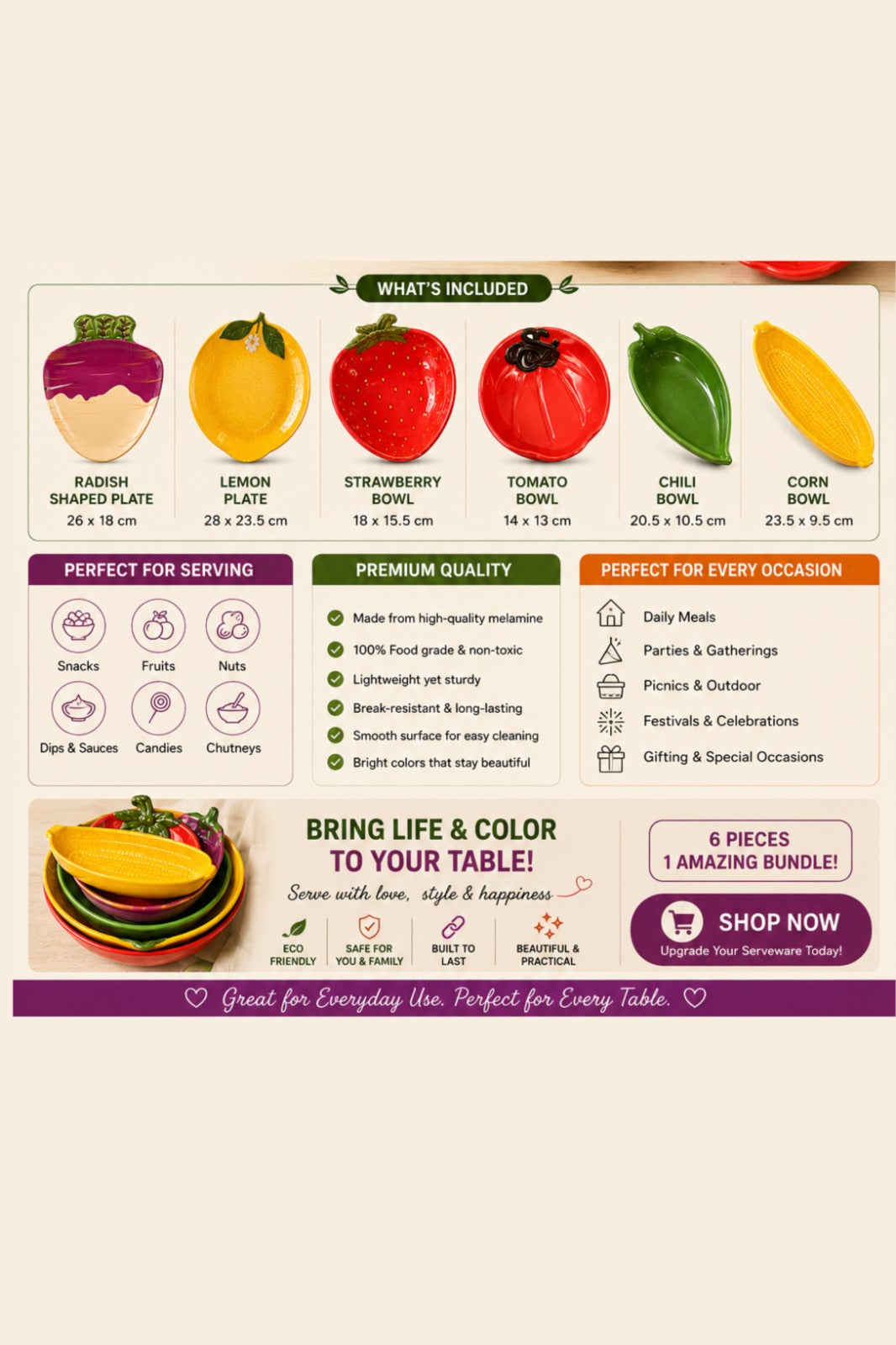 6-in-1 Fruit-Shaped Melamine Bowl & Plate Set