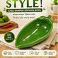 Green chili-shaped serving bowl with promotional text on a wooden surface.