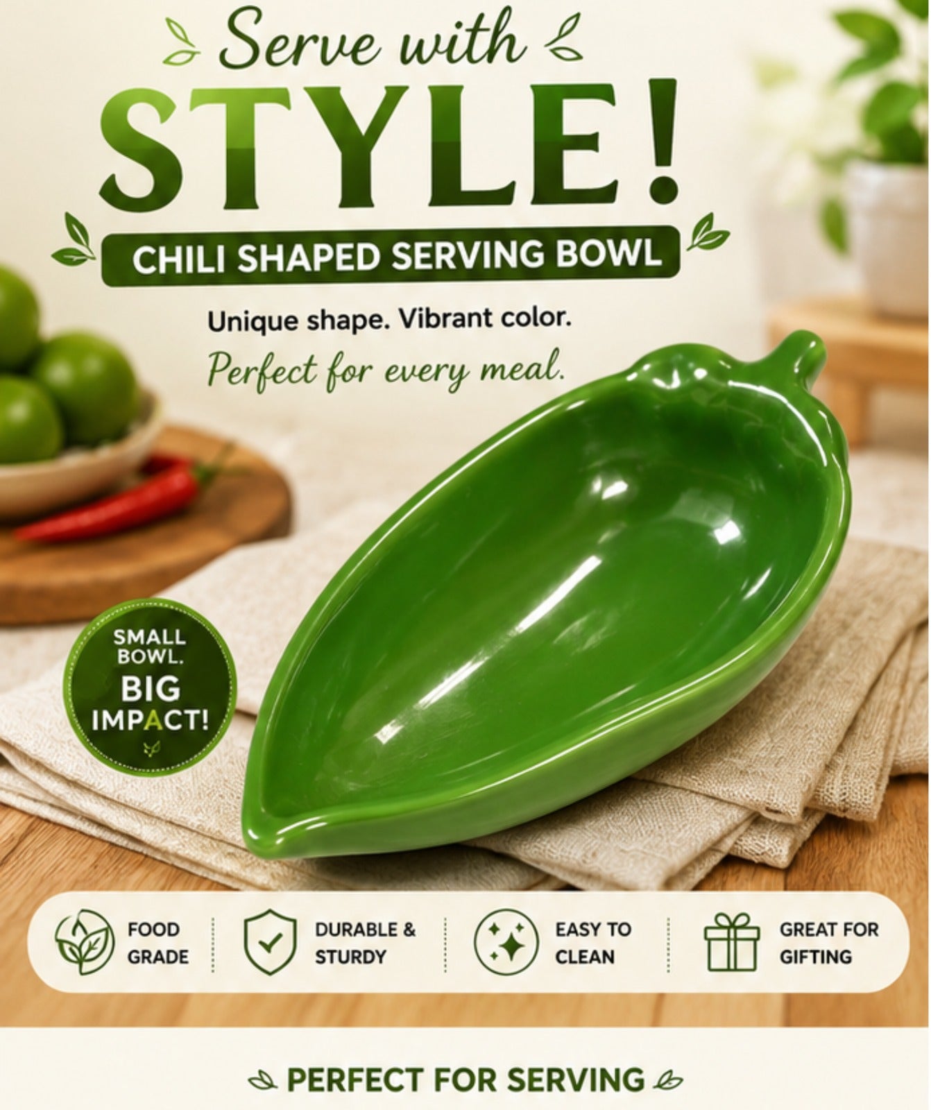 Green chili-shaped serving bowl with promotional text on a wooden surface.