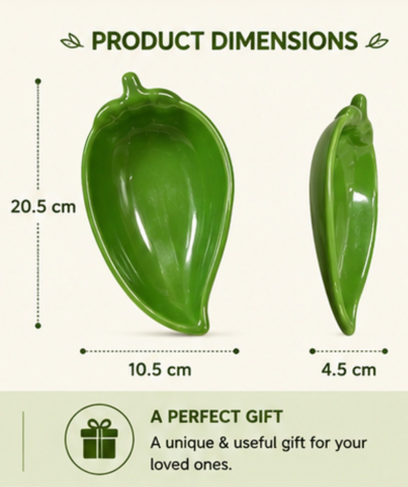 Green leaf-shaped dish with dimensions on a green background