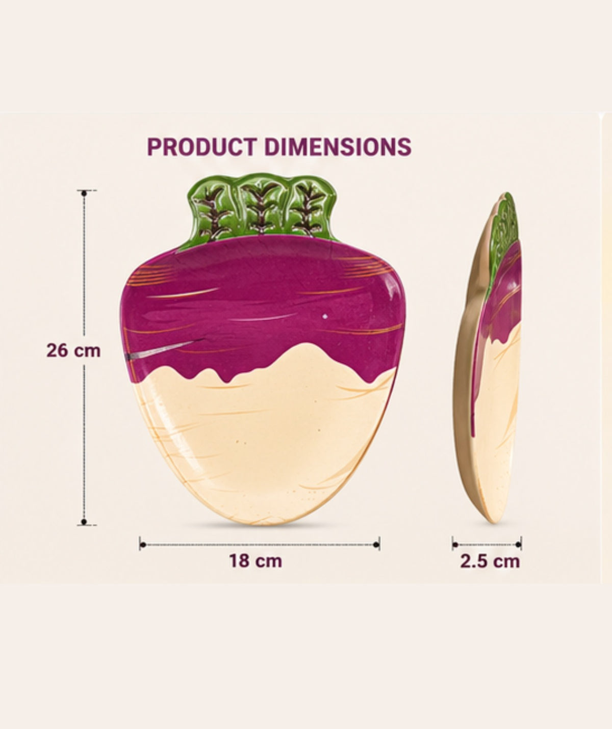 Product dimensions of a purple and green item on a beige background