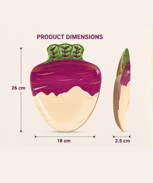 Product dimensions of a purple and green item on a beige background