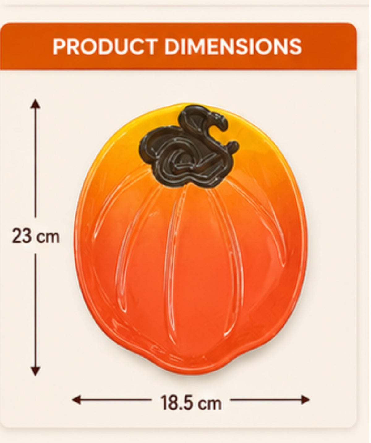 Pumpkin-shaped product with dimensions labeled on a beige background