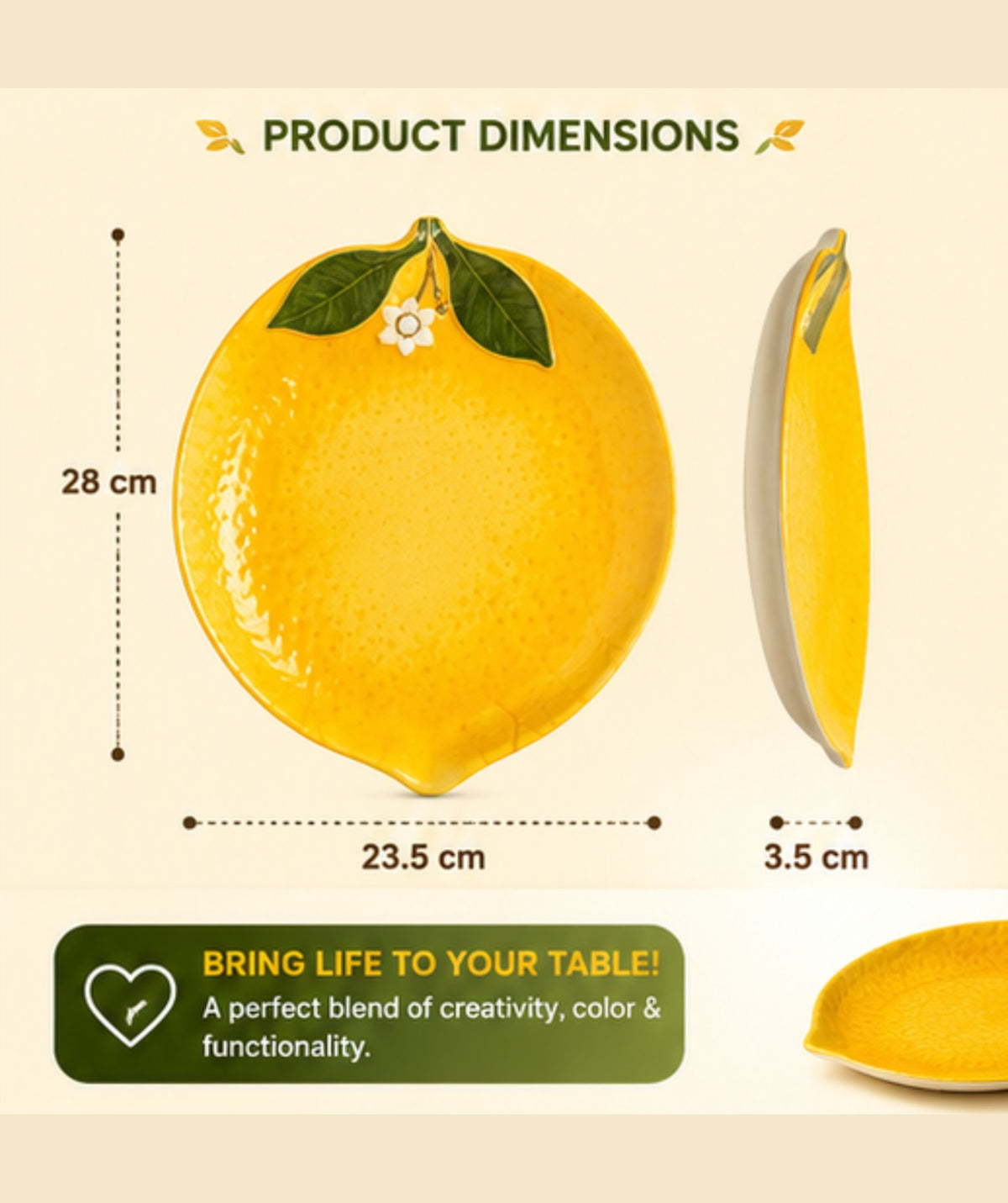 Product dimensions of a decorative lemon with measurements on a beige background