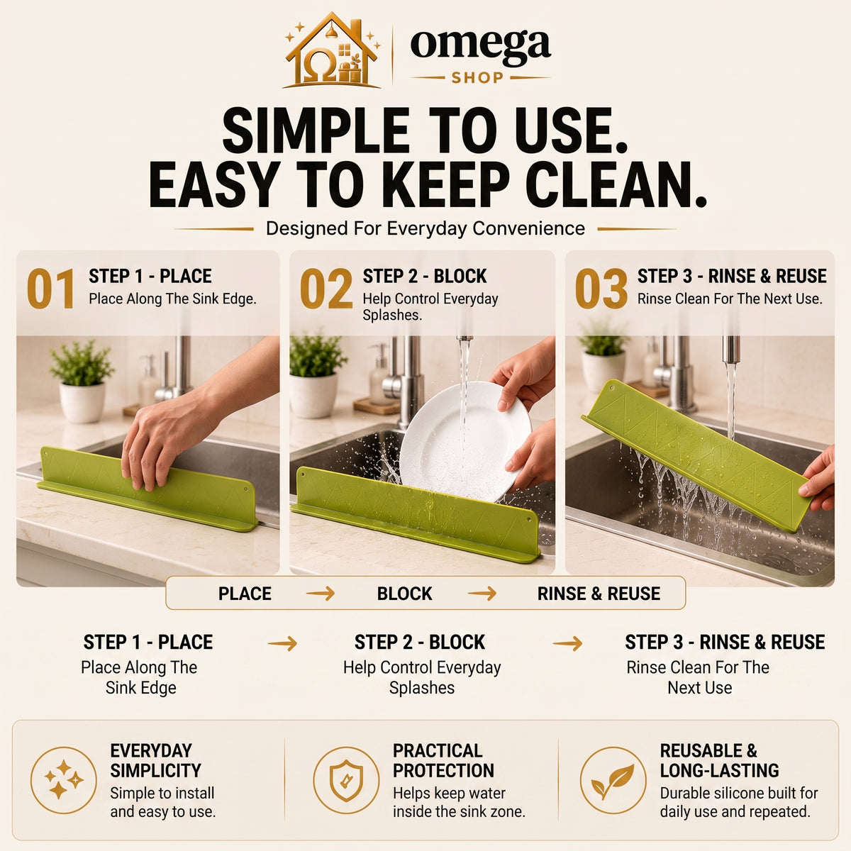 Omega Silicone Sink Splash Guard Water Stopper – Waterproof Kitchen Sink Splash Barrier