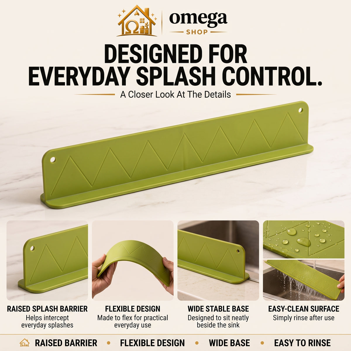 Omega Silicone Sink Splash Guard Water Stopper – Waterproof Kitchen Sink Splash Barrier