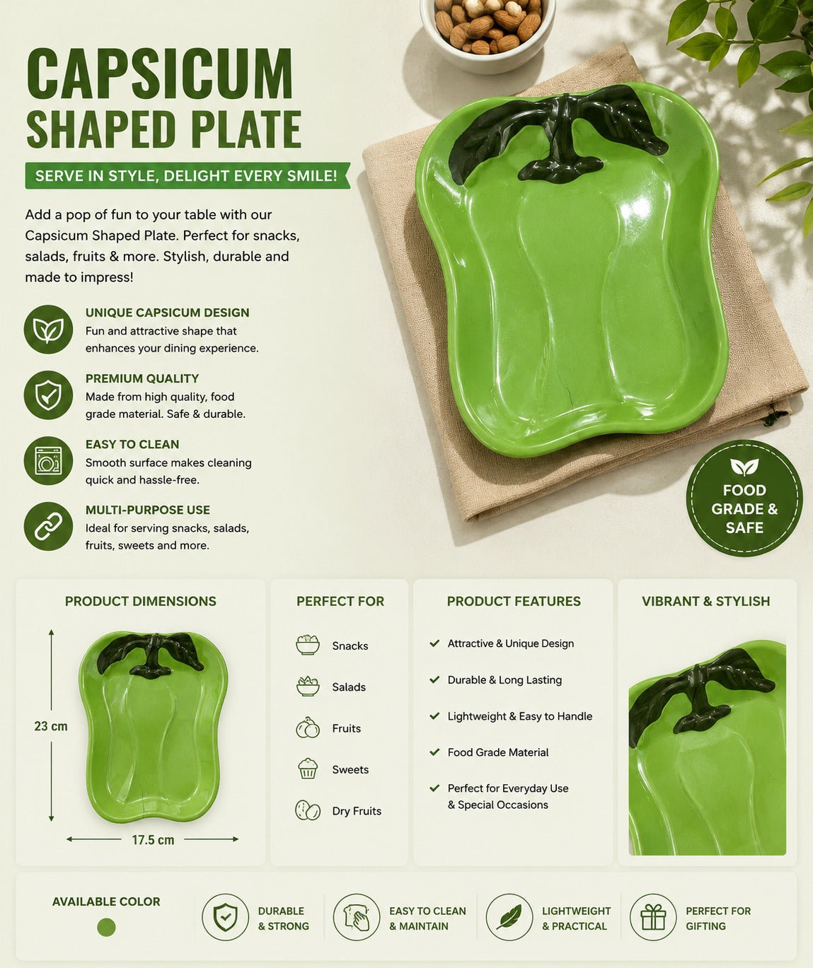 Green capsicum-shaped plate with product details on a light background