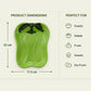 Green bell pepper-shaped plate with dimensions and uses listed on a beige background