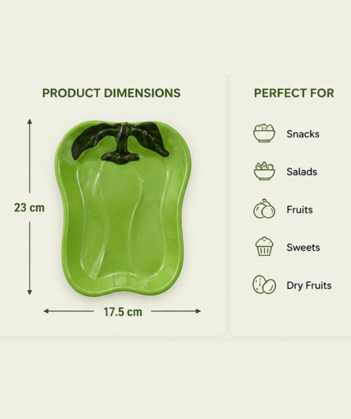 Green bell pepper-shaped plate with dimensions and uses listed on a beige background