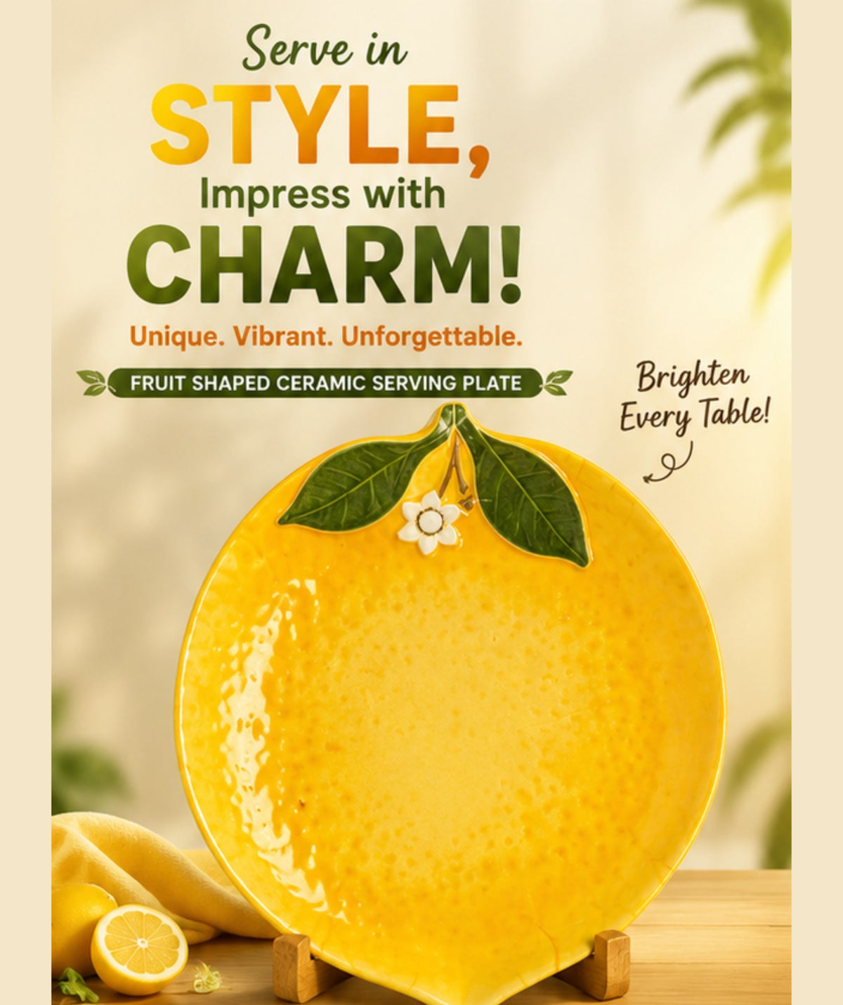 Fruit-shaped ceramic serving plate with lemon design on a beige background