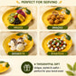 Yellow leaf-shaped plates with various food items on a beige background