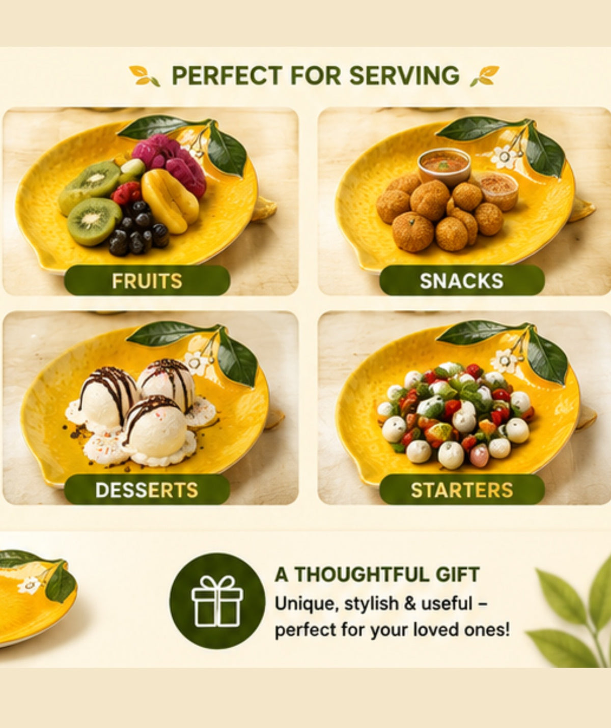 Yellow leaf-shaped plates with various food items on a beige background