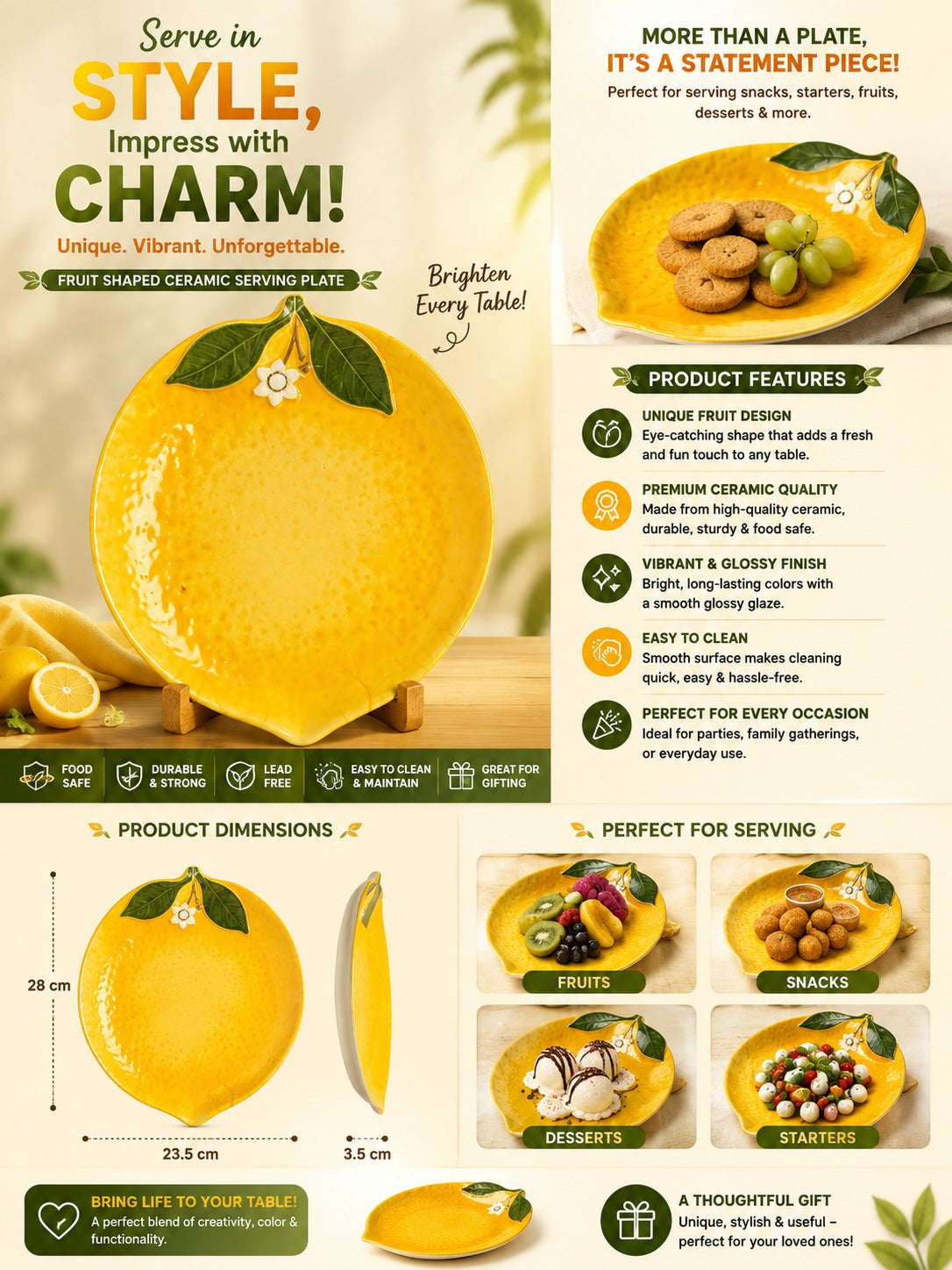 Ceramic serving plate with fruit design, product features, dimensions, and usage examples on a yellow background.