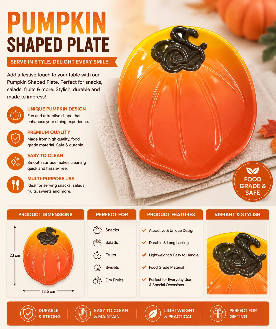 Pumpkin-shaped plate with features and benefits on an orange background