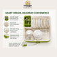 Omega Smart Dish Dryer shown on a light beige background with feature callouts and diagrams. The product is white with lime green accents, featuring a cutlery holder, plate slots, deep bowl space, and a drainage system.