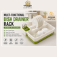 Omega Shop multi-functional dish drainer rack in white with a lime green base and organizer tray, shown with plates and cups on a kitchen background, with product features and icons listed on the left.