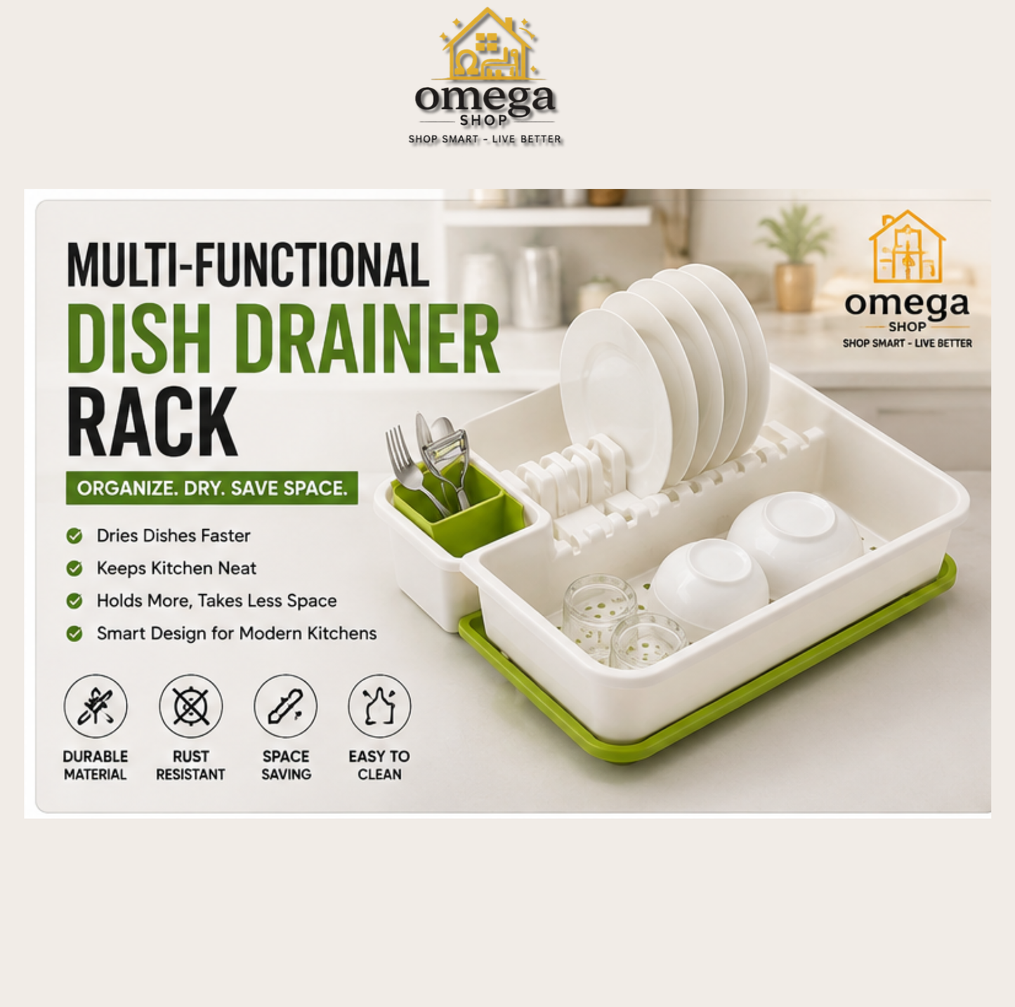 Omega Shop multi-functional dish drainer rack in white with a lime green base and organizer tray, shown with plates and cups on a kitchen background, with product features and icons listed on the left.