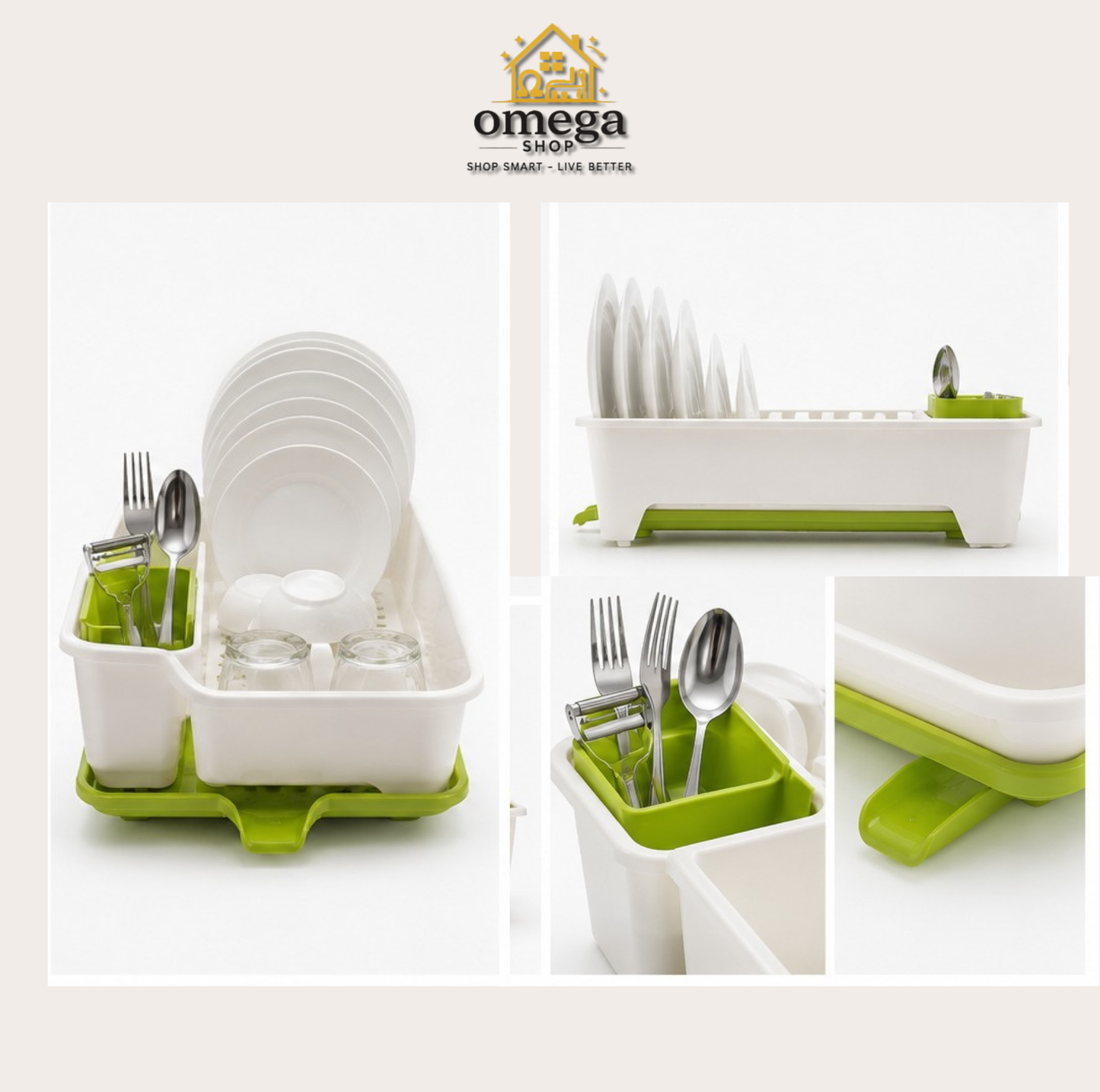 A white and lime green plastic dish rack set shown in multiple product views on a light beige background, with the Omega Shop logo at the top. The set includes a main rack with a lid, plates, glasses, and utensils, plus three smaller detail panels showing the underside, the rack with plates only, and the lid open.